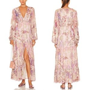 Hemant & Nandita Amal Long Dress Metallic V-Neck Long Sleeve Maxi Leg Slit